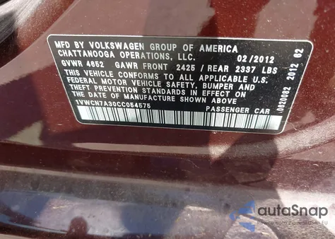 2012 Volkswagen Passat 2.0L Tdi Sel Premium from USA, damaged, VIN 1VWCN7A30CC054575